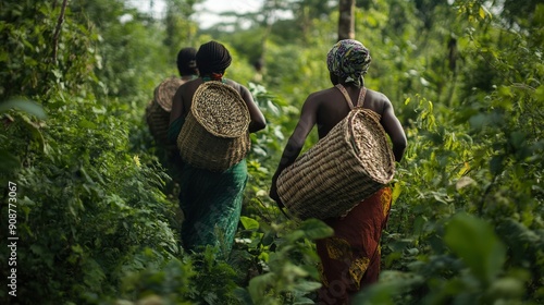 Hadza women gather edible plants and fruits while walking through lush vegetation in an African bush landscape