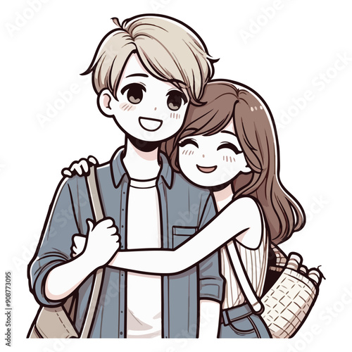 Young loving smiling couple boy and girl standing hugging and embracing each other feeling in love