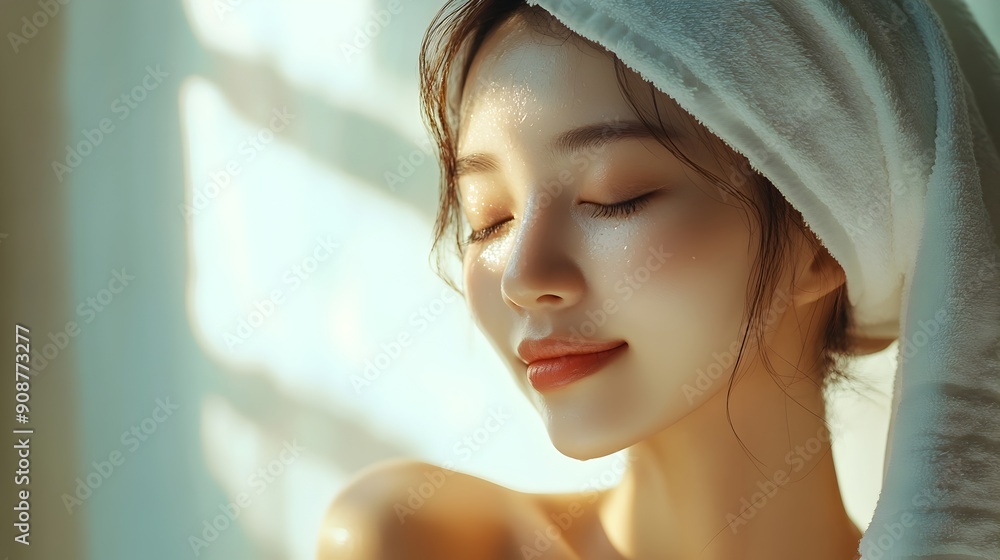 Fototapeta premium Serene Asian Woman Enjoying Peaceful Skincare Moment by Warm Window Light