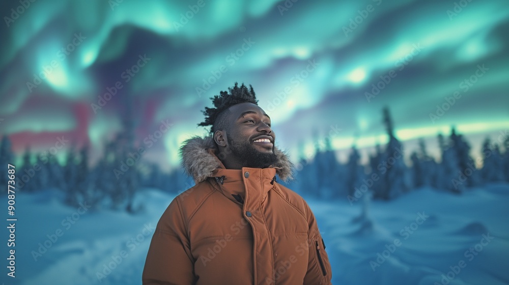 image of a happy man gazing out at the magnificent Northern Lights against a backdrop of snowy winter scenery. image of a happy man gazing out at the magnificent Northern Lights against a backdrop of snowy winter scenery.