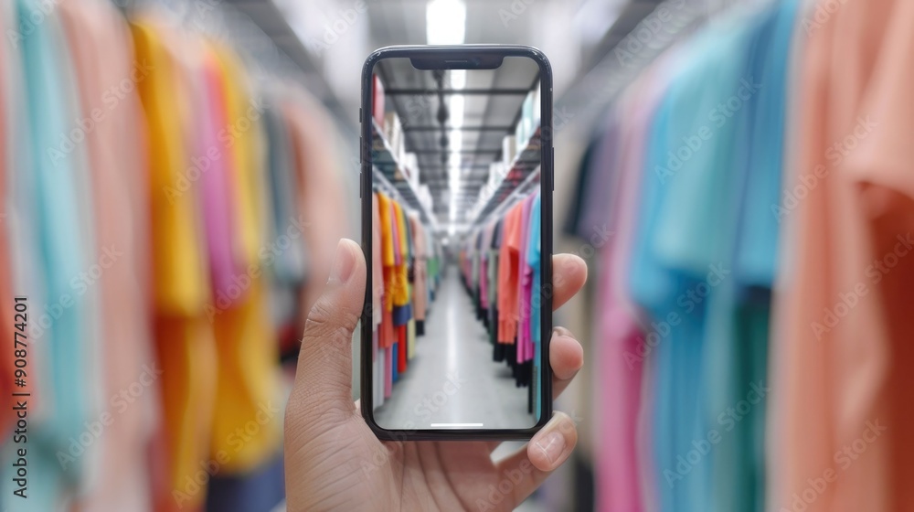 Obraz premium Augmented reality shopping experience featuring interactive product displays with a deep depth of field showcasing the future of retail technology and immersive customer engagement