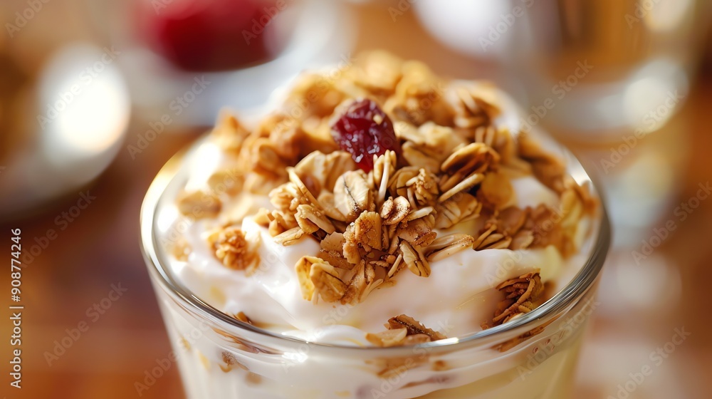 Close-up of granola and yogurt parfait. Close-up of granola and yogurt parfait.