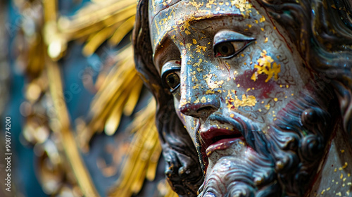 Close-up of an icon of Jesus with detailed gold leaf and vibrant colors