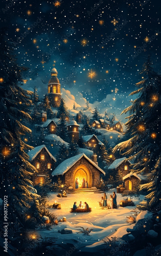 Naklejka premium A serene winter night with a cozy village scene, glowing lights, and softly falling snowflakes, creating a magical holiday atmosphere.