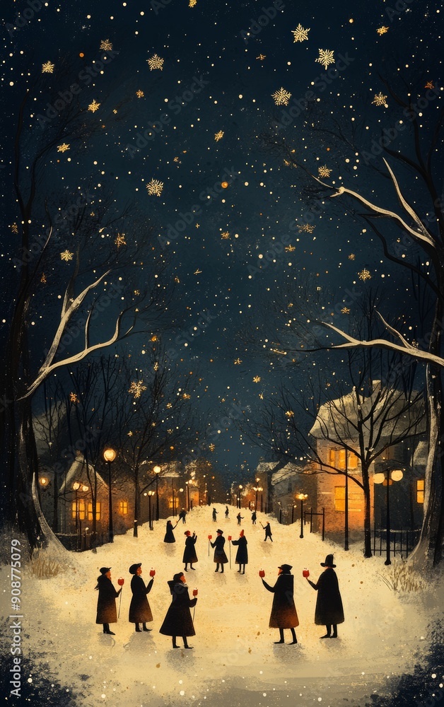 A serene winter night with figures caroling beneath a starry sky and glowing street lights illuminating a snowy path. A serene winter night with figures caroling beneath a starry sky and glowing street lights illuminating a snowy path.