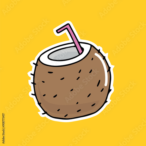 bright juicy illustration coconut juice with a straw 2d in cartoon style on a colorful bright background