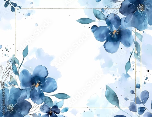 Fototapeta Naklejka Na Ścianę i Meble -  Blue watercolor floral frame background vector with a golden border on a white background, blue flowers decoration for a wedding invitation and card design template illustration