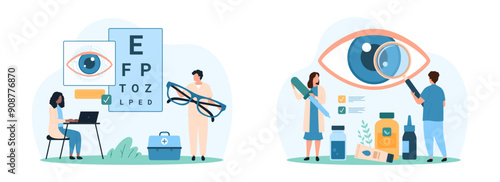 Diagnosis and treatment of vision diseases, ophthalmology set. Tiny people with magnifying glass examine human eye, opticians test eyesight for glasses prescription cartoon vector illustration