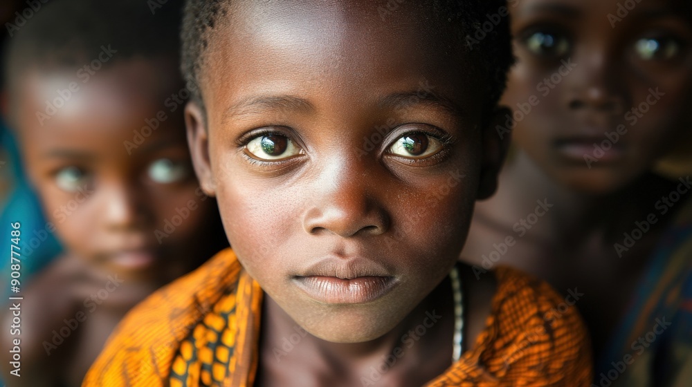 Children from an African tribe display curiosity and connection, showcasing their vibrant traditional clothing and distinct expressions Children from an African tribe display curiosity and connection, showcasing their vibrant traditional clothing and distinct expressions