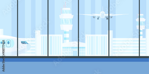 Airport terminal waiting room. Wait hall interior cartoon vector illustration. Monitors with timetable, arrival schedule. Airline industry. International travel, tourism, transportation business.