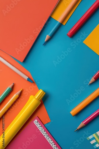 Vibrant School Supplies on Blue Background photo