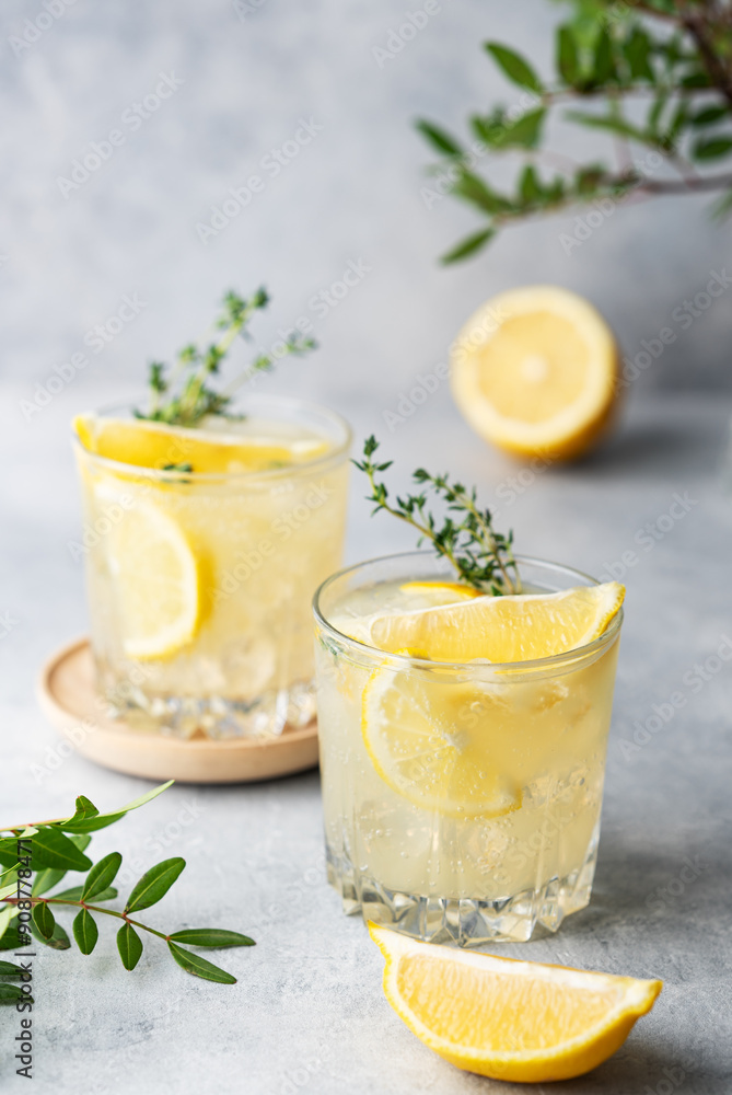 Lemonade drink with fresh lemon, mint and ice. Refreshing citrus mojito cocktail on a light background. Lemonade drink with fresh lemon, mint and ice. Refreshing citrus mojito cocktail on a light background.