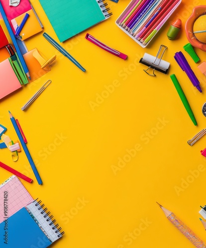 Vibrant School Supplies on Blue Background photo