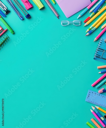 Vibrant School Supplies on Blue Background photo