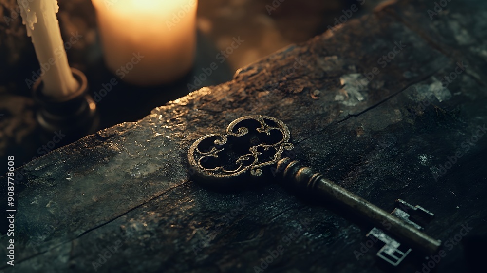 Lock and key, old-fashioned skeleton key, oxidized metal, gentle candlelight, gothic style, eerie and historical mood Lock and key, old-fashioned skeleton key, oxidized metal, gentle candlelight, gothic style, eerie and historical mood