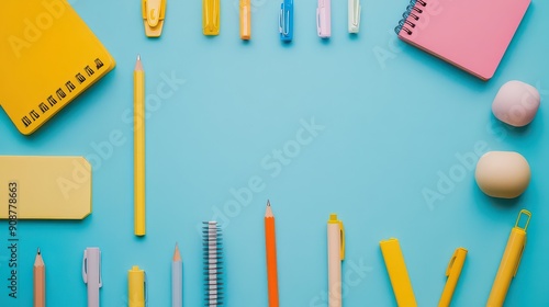 Vibrant School Supplies on Blue Background photo