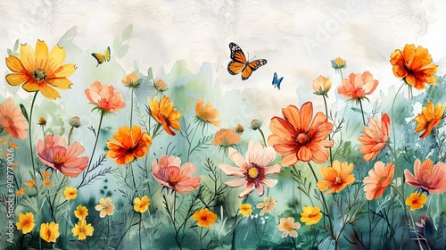 Wallpaper Mural A vibrant floral landscape featuring colorful flowers and butterflies, evoking a sense of beauty and tranquility in nature. Torontodigital.ca