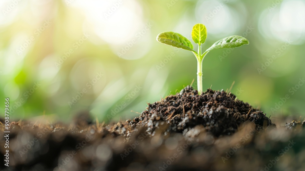 Fototapeta premium A vibrant green seedling emerging from rich soil, symbolizing growth, renewal, and the beauty of nature in its early stages.