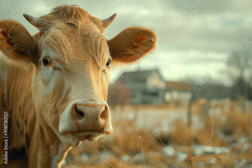 Peaceful, idyllic farm image with a cow and a barn in the background. Cattle in a dry, wintery snowy field.  photo