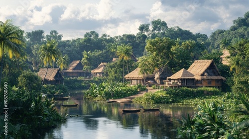 A tranquil Wolof village features traditional houses nestled among vibrant greenery and calm waterways, reflecting a peaceful atmosphere