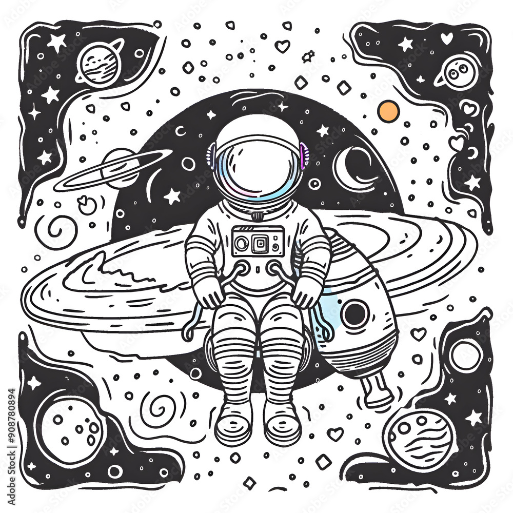 Fototapeta premium Adventurous Astronaut Coloring Page Illustration for Kids with Detailed Space Scene 