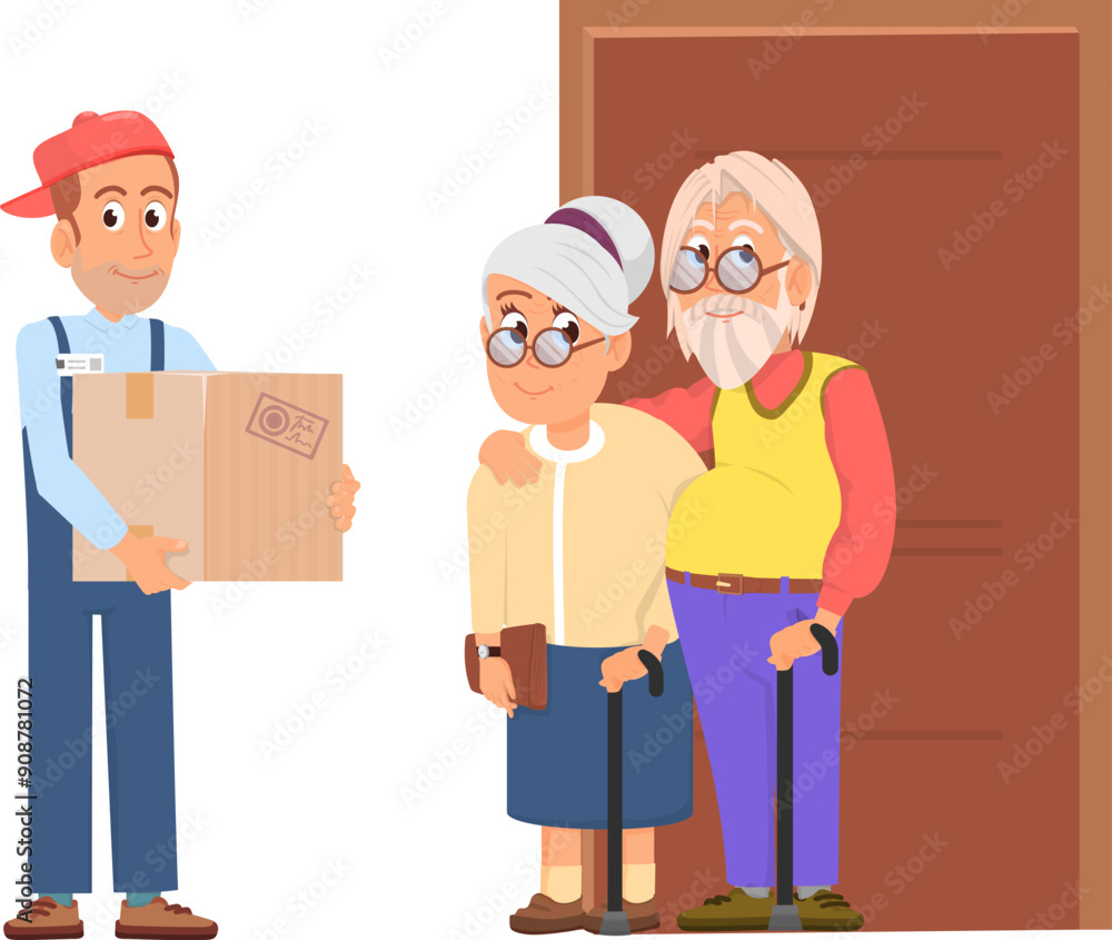 Old couple receive shipping package from courier boy Old couple receive shipping package from courier boy