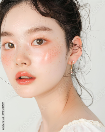Elegant Close-Up Portrait of a Young Woman with Natural Makeup and Soft Pink Earrings
