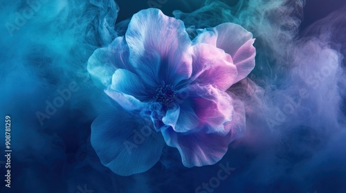 Single delicate flower with blue and pink petals surrounded by colorful smoke.