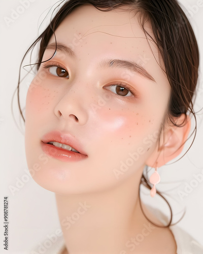 Elegant Close-Up Portrait of a Young Woman with Natural Makeup and Soft Pink Earrings