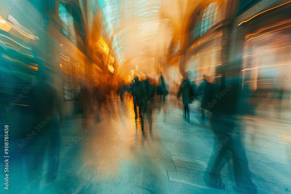 A vibrant, blurred scene of people moving in a busy urban setting, capturing the energy and motion of city life. A vibrant, blurred scene of people moving in a busy urban setting, capturing the energy and motion of city life.
