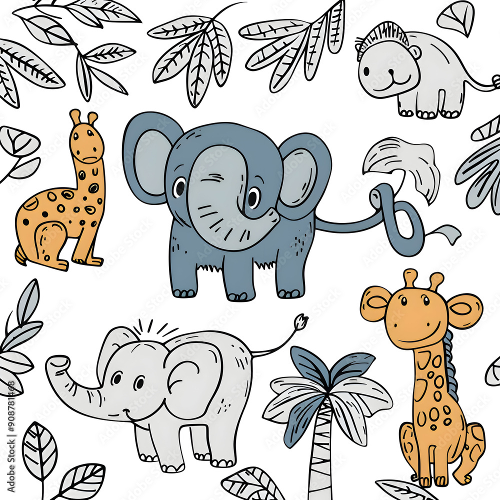 Naklejka premium Adorable Jungle Animals Coloring Page Illustration for Kids with Whimsical Desig