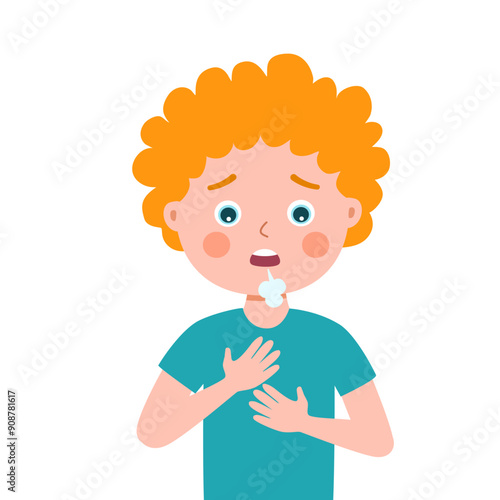 Cute little child having difficult breathing in flat design on white background. Lung problem.