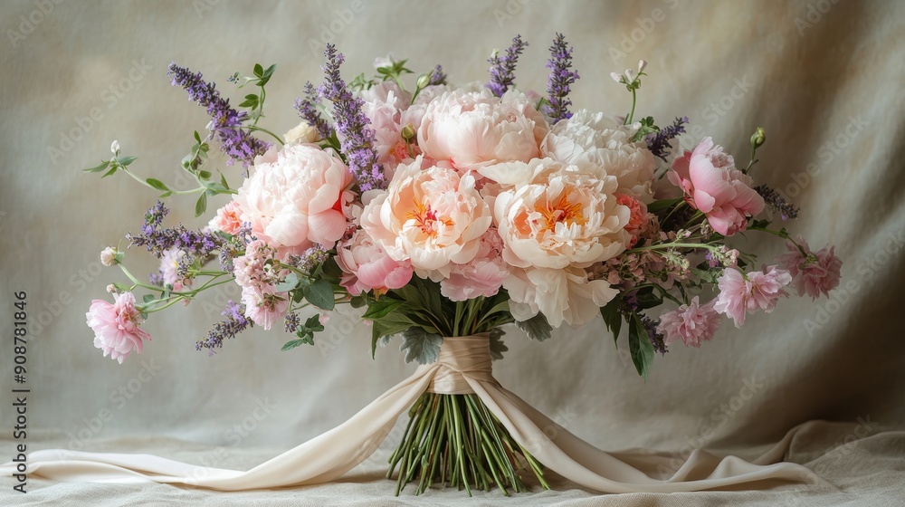 Wedding bouquet sitting on beige linen with pink and white peonies and lavender