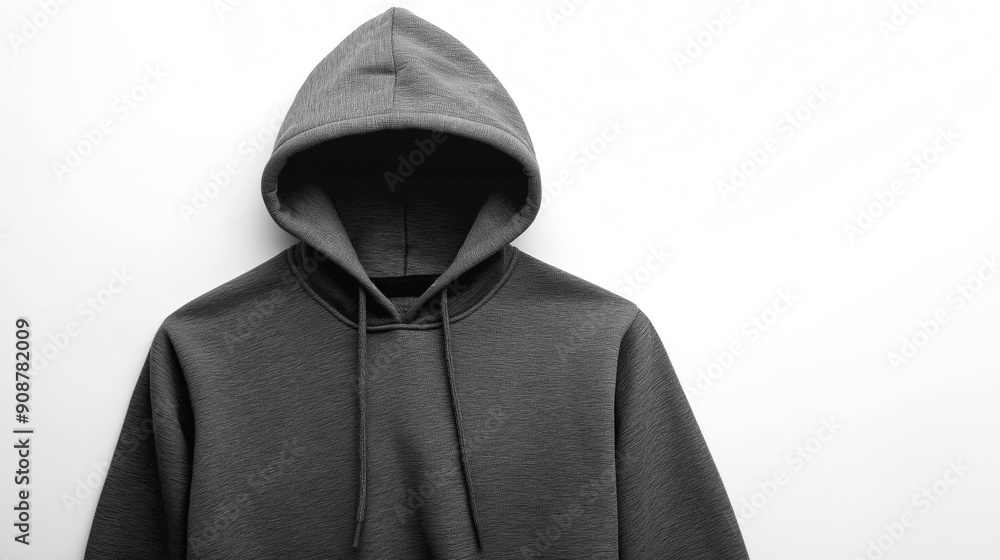 A hooded sweatshirt is hanging on a white background. The hood is pulled up, and the sweatshirt is mostly black.On white background.Generative ai. A hooded sweatshirt is hanging on a white background. The hood is pulled up, and the sweatshirt is mostly black.On white background.Generative ai.