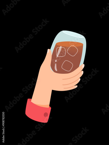 Hand with glass of alcohol cocktail or drink vector illustration isolated on black background. Person holds goblet with wine, beer, whisky. People celebrating with toasts and cheering. Holiday, party.