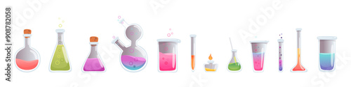 Laboratory glass beakers vector set. Lab chemistry tests. Flasks with liquid reagent. Cartoon 3D glassware tubes. Medical and chemical equipment. Scientific experiment and research.