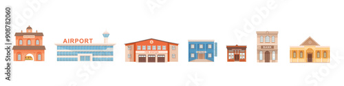 City building illustrations set. Exterior facades of bank museum railway station airport fire station police library. Urban infrastructure infographics.