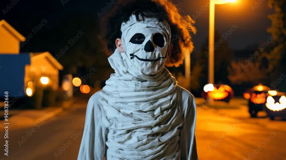 A child in a spooky costume stands alone on a dimly lit street surrounded by festive decorations A child in a spooky costume stands alone on a dimly lit street surrounded by festive decorations