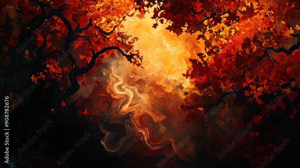 Abstract painting of autumn leaves with swirling colors. Abstract painting of autumn leaves with swirling colors.