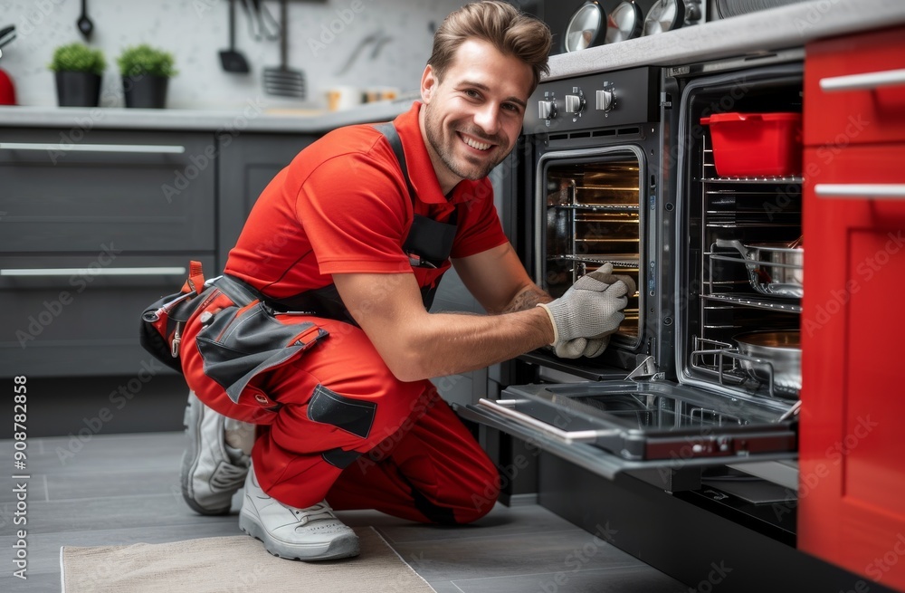 Smiling repairman in red overalls fixing an oven in a modern kitchen Smiling repairman in red overalls fixing an oven in a modern kitchen