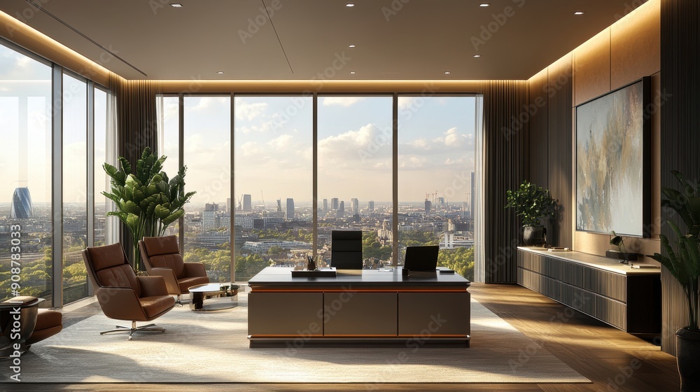 Fototapeta premium Modern office interior overlooking a stunning cityscape at sunset