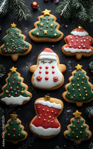 Deliciously decorated Christmas cookies in festive shapes, perfect for holiday celebrations and winter festivities.