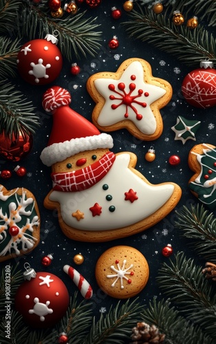 Deliciously decorated Christmas cookies surrounded by festive ornaments and pine branches, perfect for holiday celebrations.