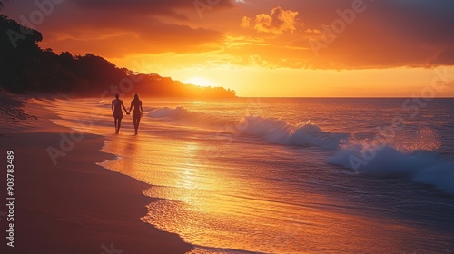 Couple walking on the beach at sunset with golden sky