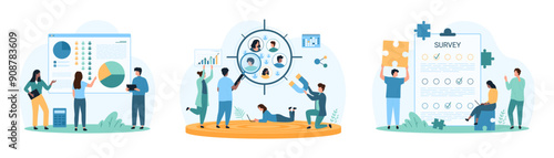 Sociology analysis, customer focus group research set. Tiny people study infographic pie chart of society distribution and consumer behavior in aim, check survey results cartoon vector illustration