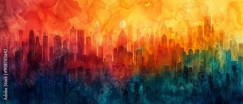 A vibrant, abstract cityscape blending warm and cool colors, evoking a sense of energy and movement in urban life.