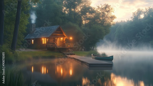 Cozy log cabin glowing at dawn with mist rising from lake