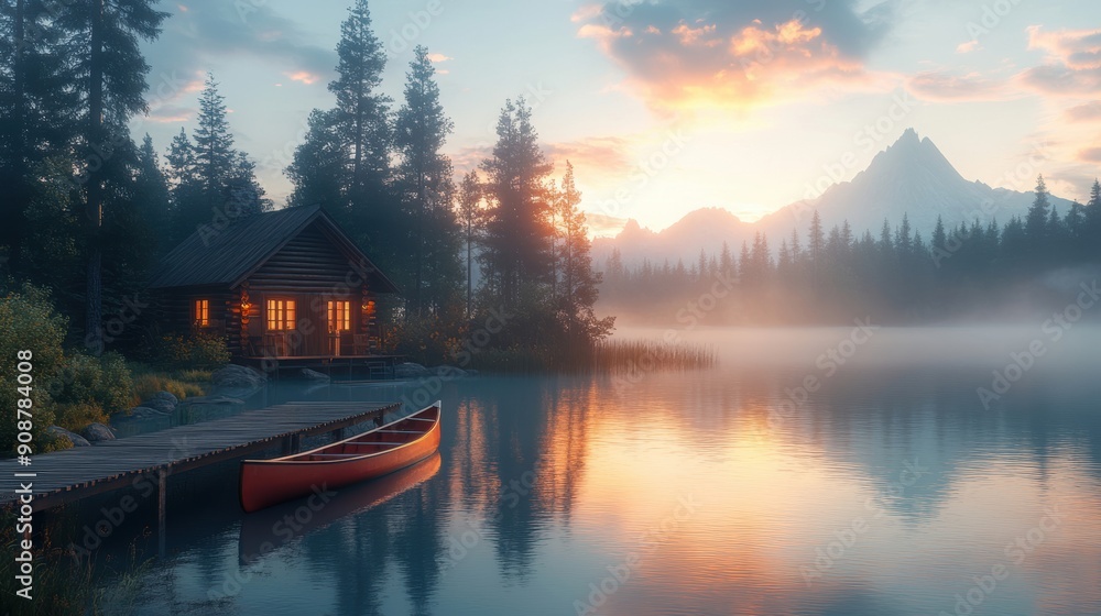 Wooden cabin reflecting on tranquil lake at sunrise with misty forest Wooden cabin reflecting on tranquil lake at sunrise with misty forest