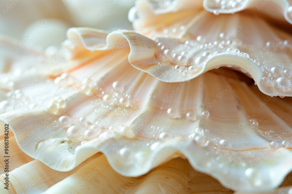 Close-up of a seashell with water droplets on its surface, set against a soft, blurred background. Concept of nature's beauty and marine life Close-up of a seashell with water droplets on its surface, set against a soft, blurred background. Concept of nature's beauty and marine life