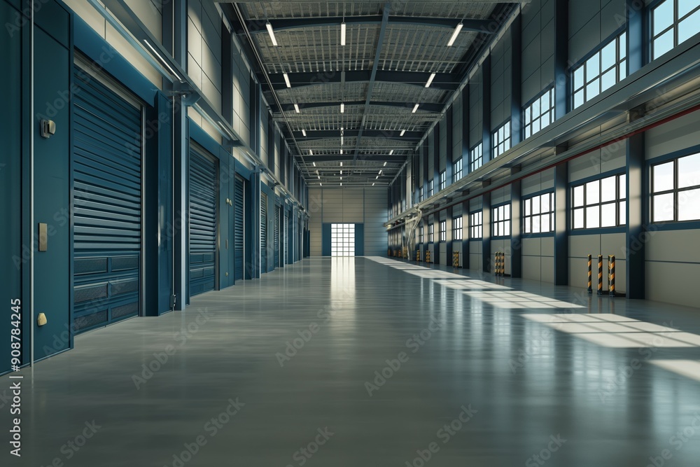 A large, empty warehouse with blue doors and windows. The space is very open and spacious, with a lot of natural light coming in from the windows. The emptiness of the space gives it a sense of calm A large, empty warehouse with blue doors and windows. The space is very open and spacious, with a lot of natural light coming in from the windows. The emptiness of the space gives it a sense of calm